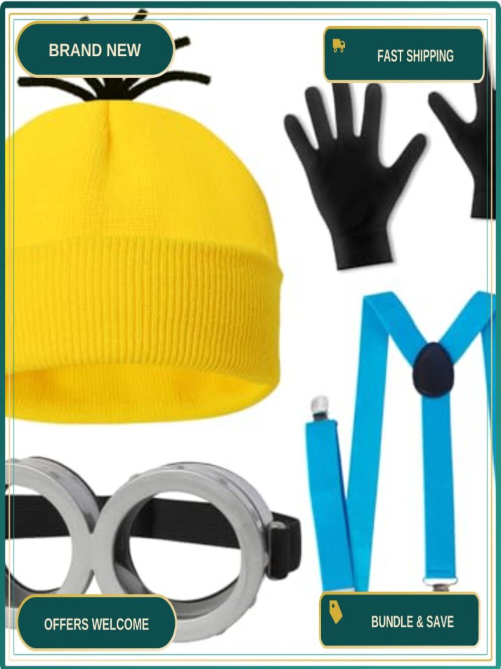 4 Piece Halloween Costume Accessory Set Hat Goggles Gloves Suspenders